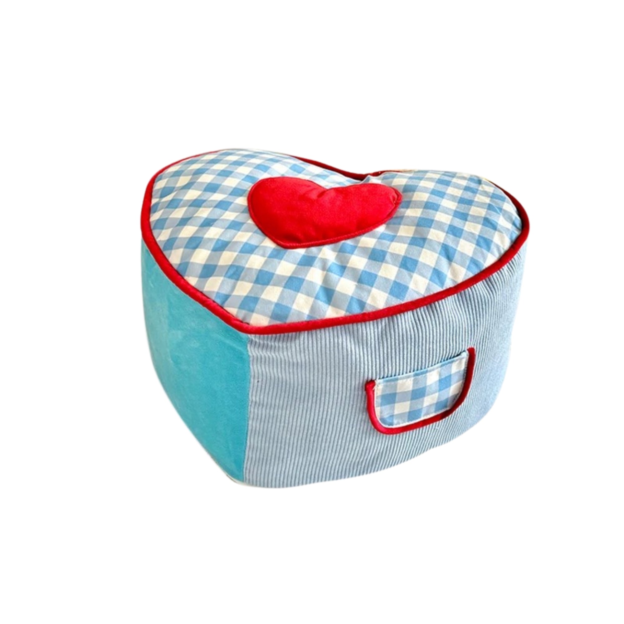 Cozy Plaid Heart Pouf Cushion Blue