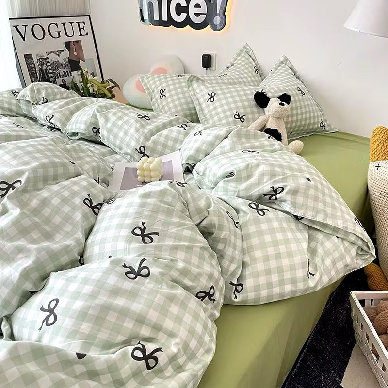 Pink Plaid Bowknot Bedding Set Green