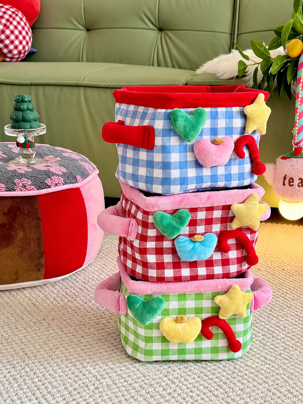 Plush Gingham Storage Basket