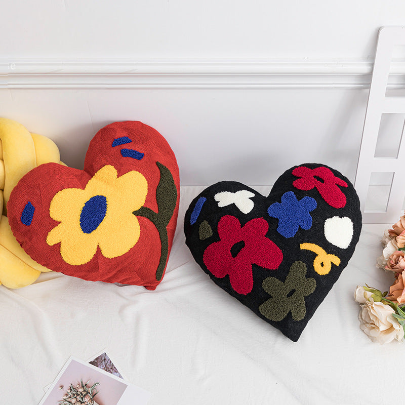 Plush Heart Flower Embroidered Pillow