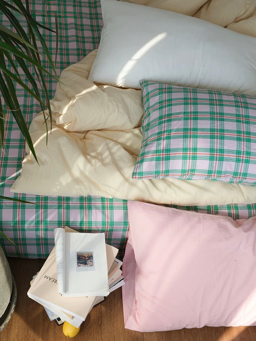 Pink & Mint Green Plaid Duvet Cover Set