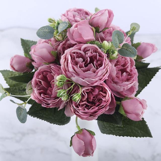 9-Piece Faux Silk Peonies Artificial Flowers Plum