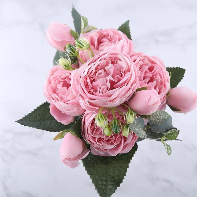 9-Piece Faux Silk Peonies Artificial Flowers Pink
