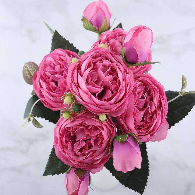 9-Piece Faux Silk Peonies Artificial Flowers HotPink