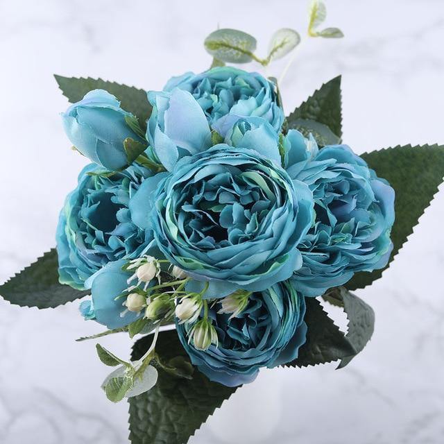 9-Piece Faux Silk Peonies Artificial Flowers SkyBlue