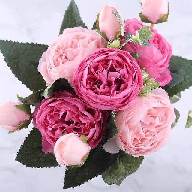 9-Piece Faux Silk Peonies Artificial Flowers DeepPink