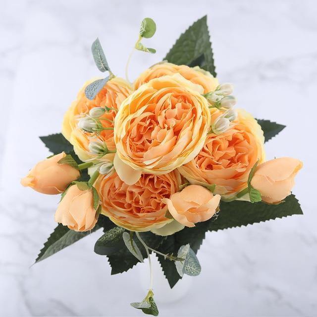 9-Piece Faux Silk Peonies Artificial Flowers Coral