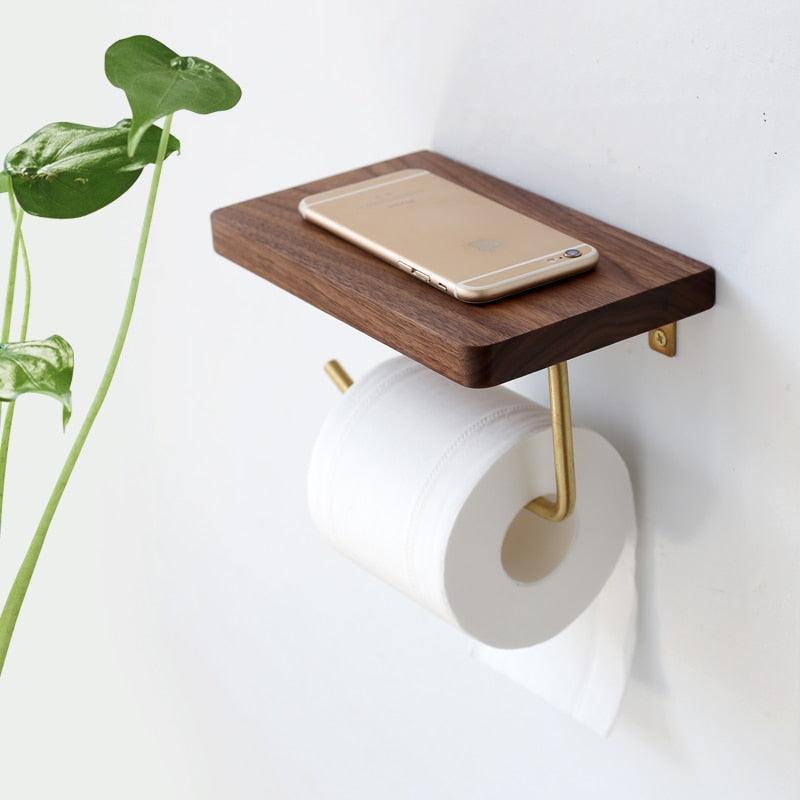 Versatile Wooden Toilet Roll Organizer Walnut SaddleBrown Screw Mounted