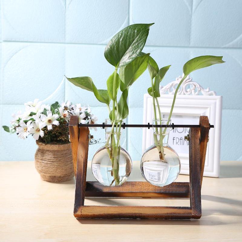 Glass Propagation Vase with A-Frame Wood Stand Sienna Double