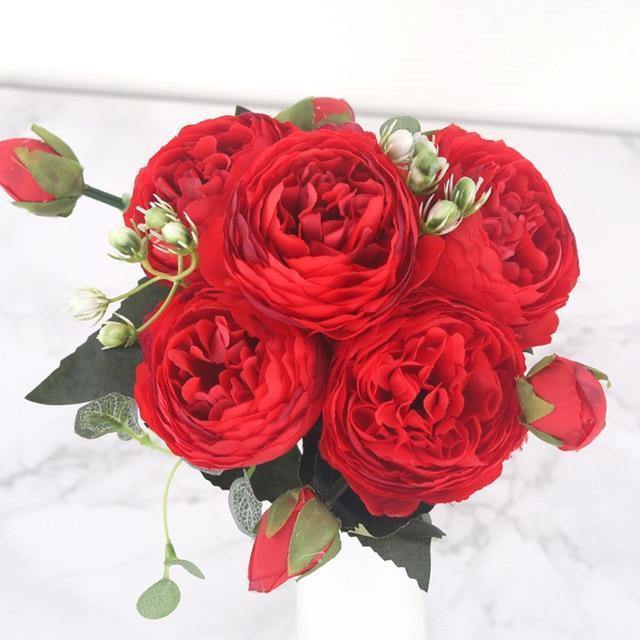 9-Piece Faux Silk Peonies Artificial Flowers Red