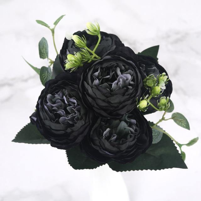 9-Piece Faux Silk Peonies Artificial Flowers Black