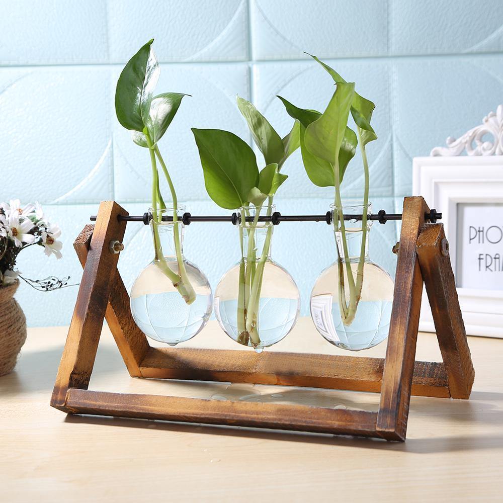 Glass Propagation Vase with A-Frame Wood Stand Sienna Triple