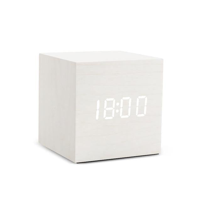 Wooden Block LED Alarm Clock White Cube Time