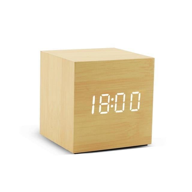 Wooden Block LED Alarm Clock Tan Cube Time