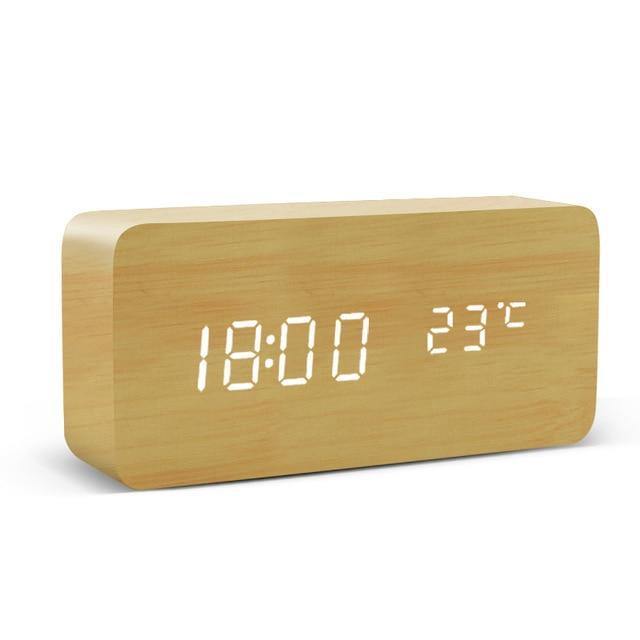 Wooden Block LED Alarm Clock Tan Rectangle Time + Temperature