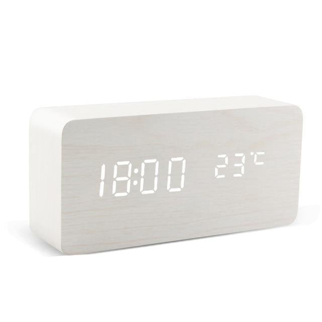 Wooden Block LED Alarm Clock White Rectangle Time + Temperature