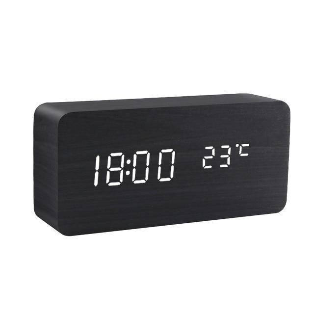 Wooden Block LED Alarm Clock Black Rectangle Time + Temperature