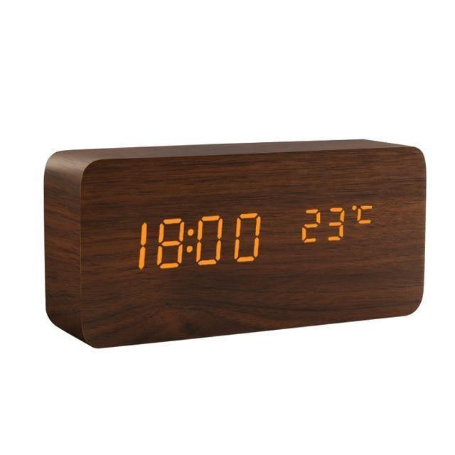 Wooden Block LED Alarm Clock Sienna Rectangle Time + Temperature
