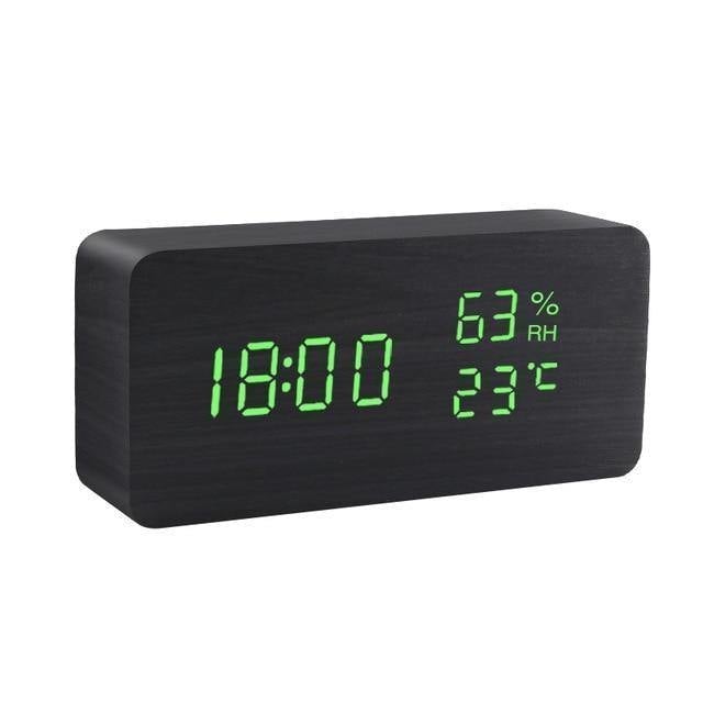 Wooden Block LED Alarm Clock Black Rectangle Time + Temperature + Humidity, Green