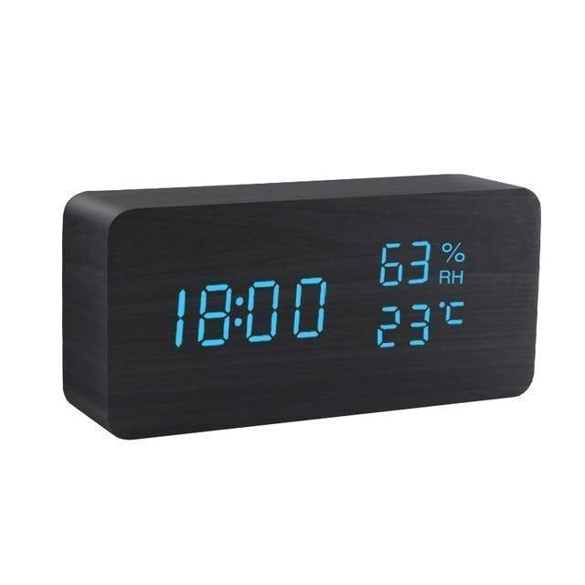 Wooden Block LED Alarm Clock Black Rectangle Time + Temperature + Humidity, Blue