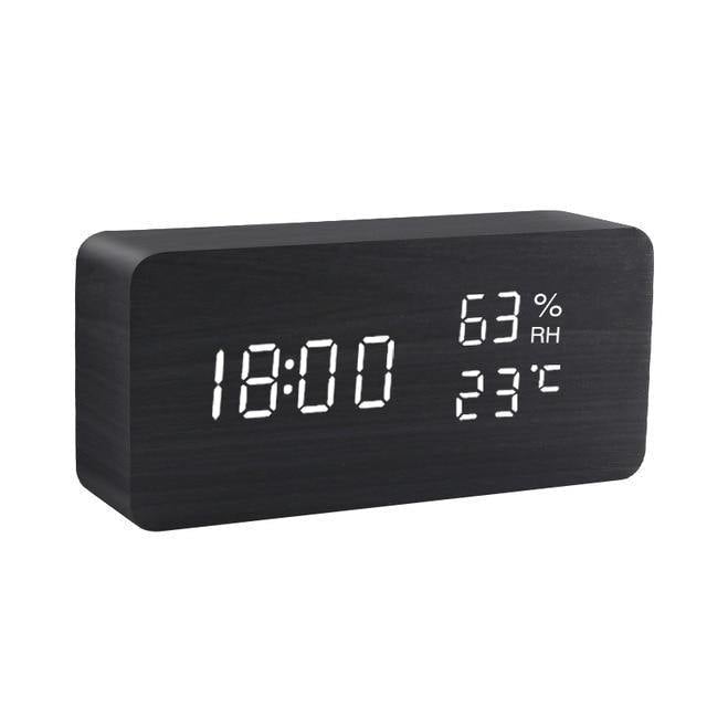 Wooden Block LED Alarm Clock Black Rectangle Time + Temperature + Humidity, White