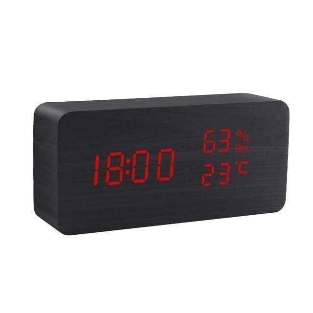 Wooden Block LED Alarm Clock Black Rectangle Time + Temperature + Humidity, Red