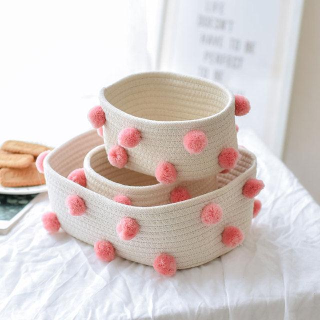 Cotton Rope Pom Pom Basket Organizer Pink- set of 3