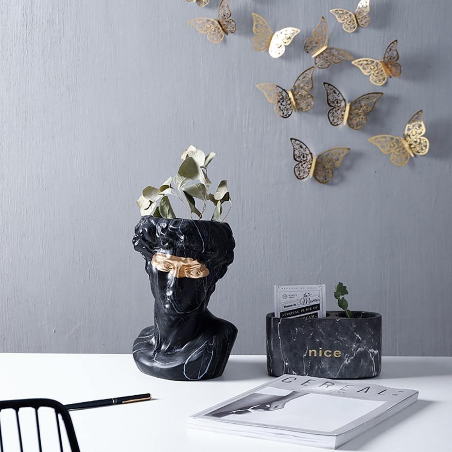 Majestic David - Ceramic Planter Sculpture Marbled Black