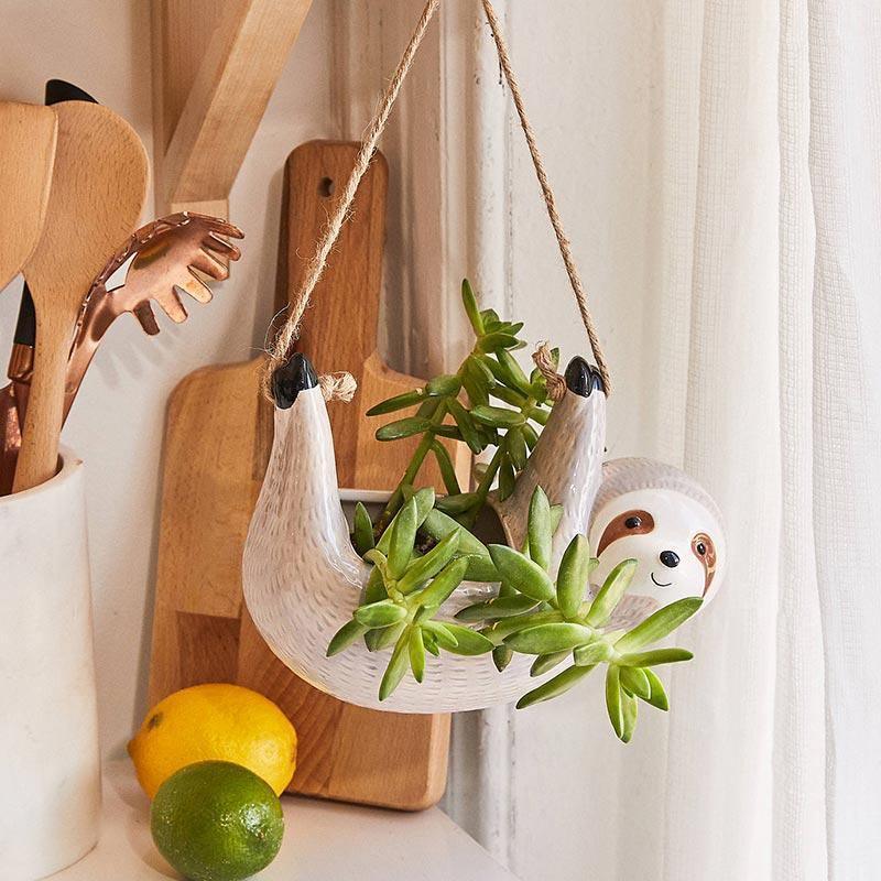 Lazy Ceramic Hanging Succulent Planter LightGrey Paws Up