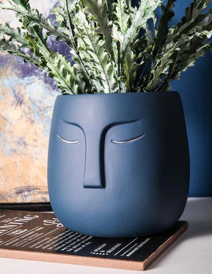 Restful Gaze Abstract Face Planter Steel Blue
