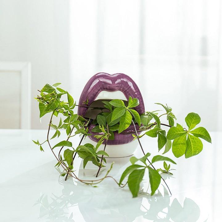 Smooch Lips Ceramic Planter Purple