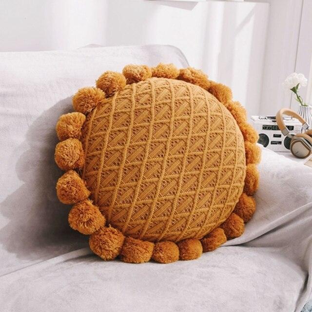 Croched Round Pompom Pillow-Sunflower Mustard