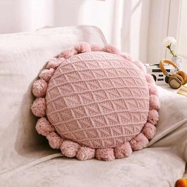 Croched Round Pompom Pillow-Sunflower Pink