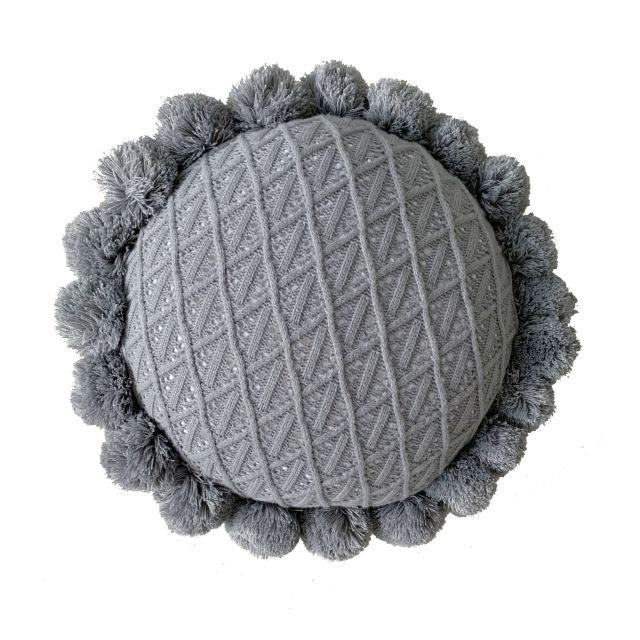 Croched Round Pompom Pillow-Sunflower Grey