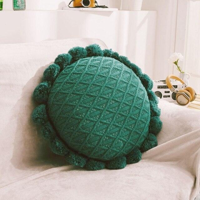 Croched Round Pompom Pillow-Sunflower Green