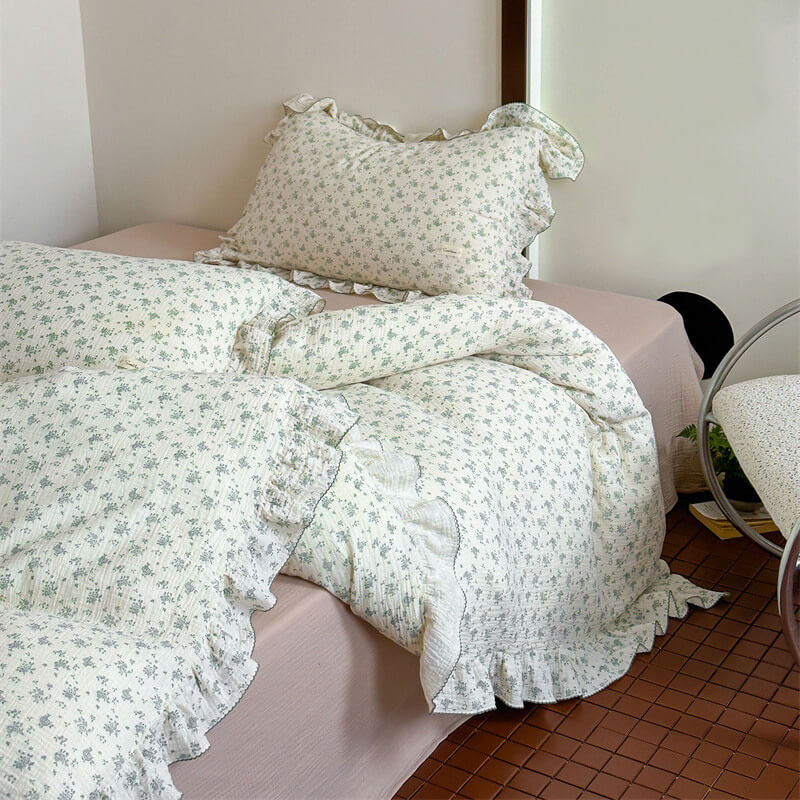 Green Floral Ruffle Bedding Set – Vintage Cotton Muslin