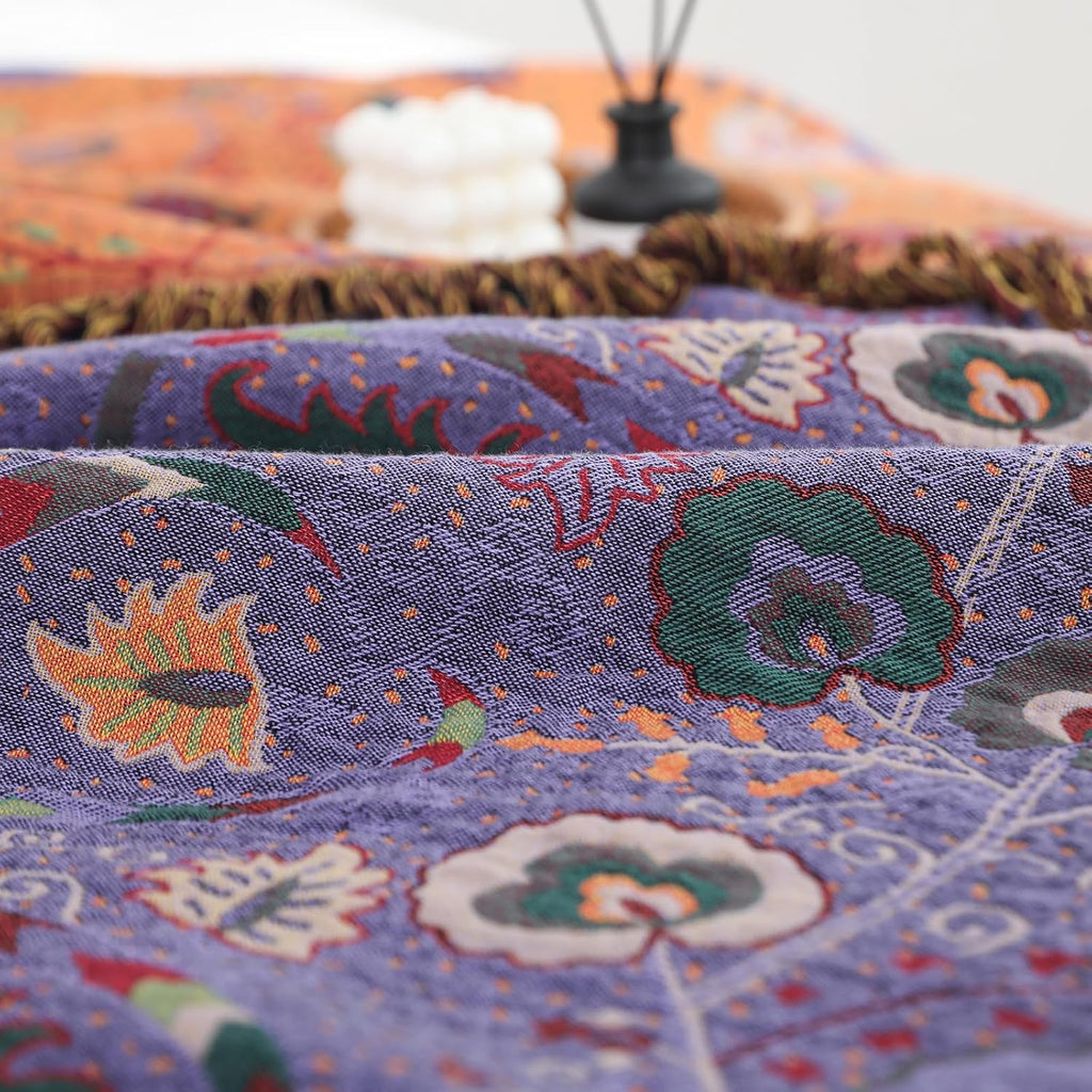 Vintage Cotton Gauze Blanket - Floral Couch Cover with Fringe