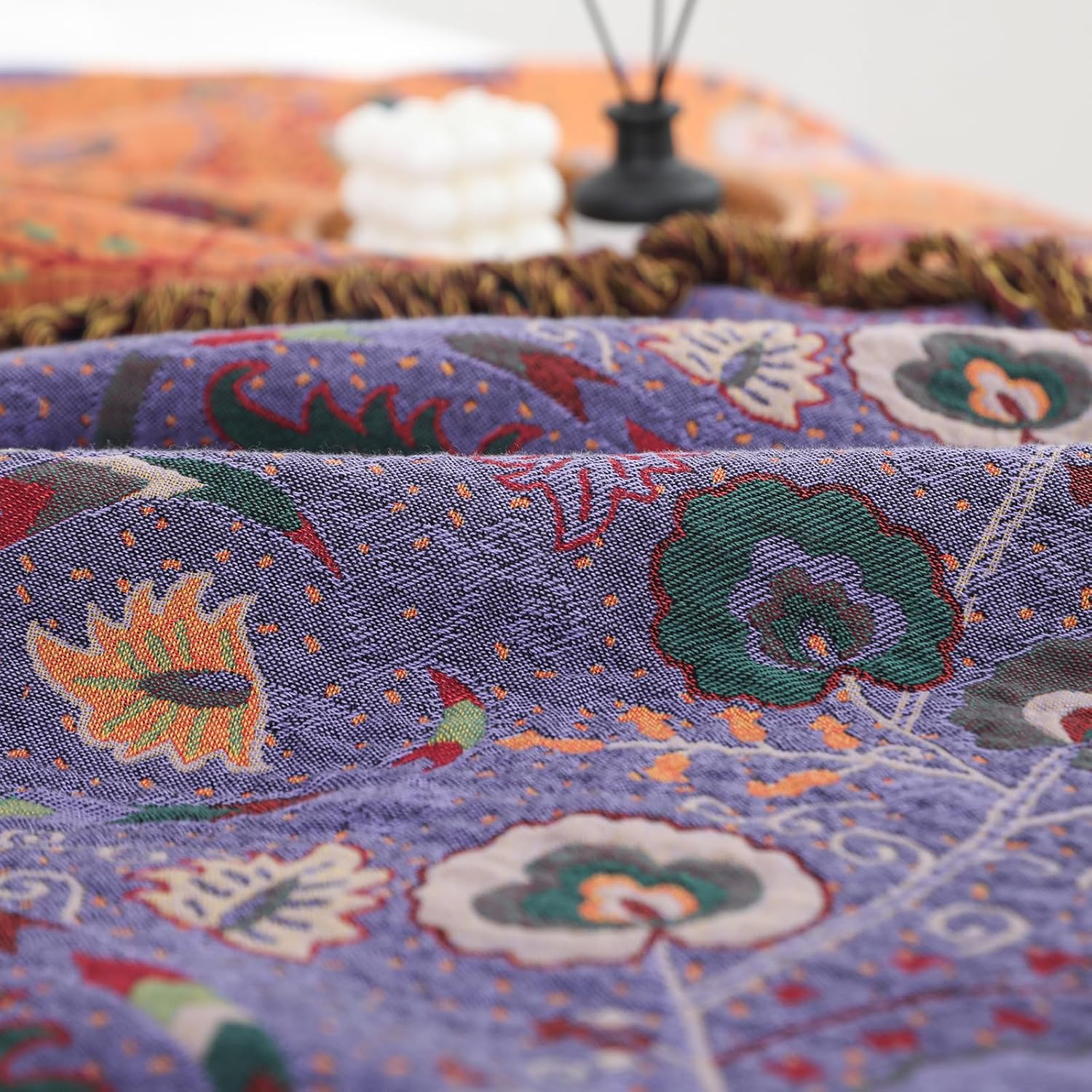 Vintage Cotton Gauze Blanket - Floral Couch Cover with Fringe