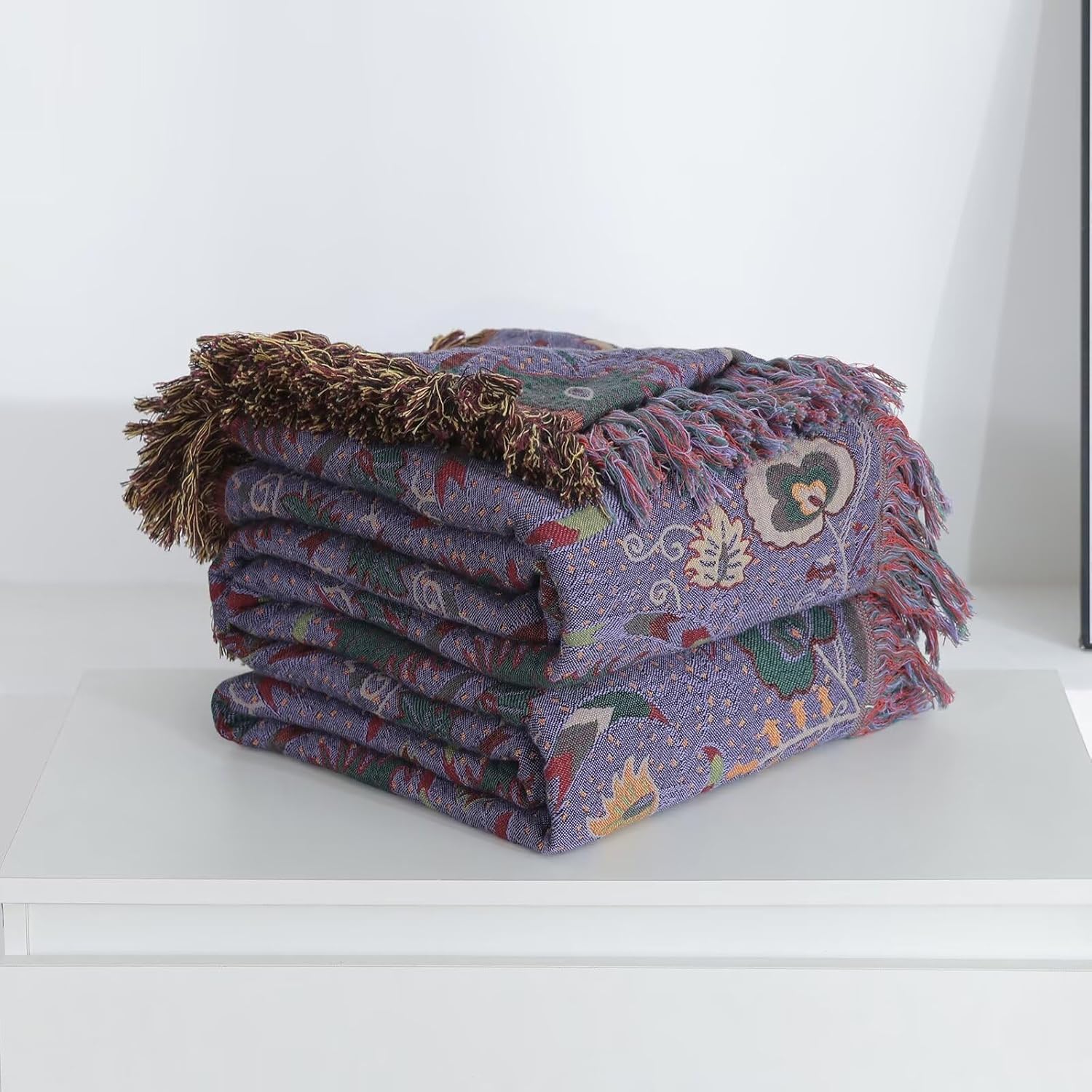 Vintage Cotton Gauze Blanket - Floral Couch Cover with Fringe