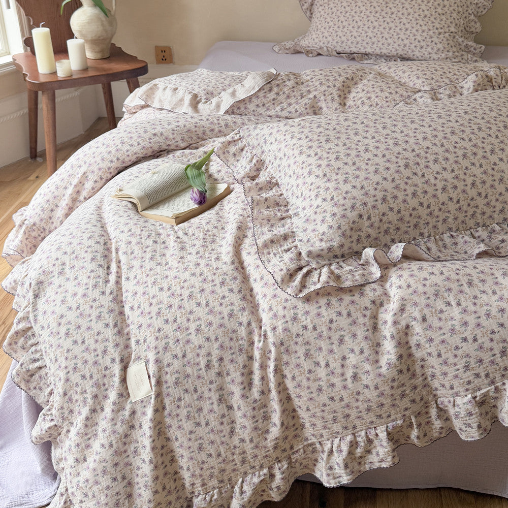 Purple Floral Duvet Cover Set – Cotton Muslin with Ruffles
