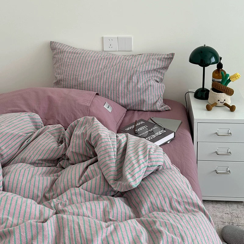 Purple Striped Cotton Duvet Cover Set