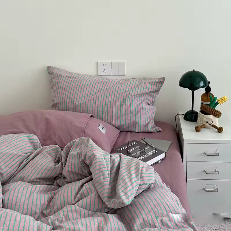 Purple Striped Cotton Duvet Cover Set