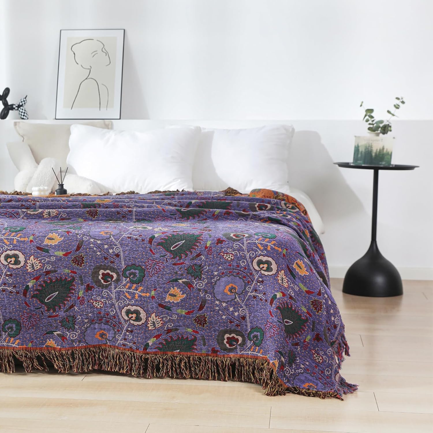 Vintage Cotton Gauze Blanket - Floral Couch Cover with Fringe