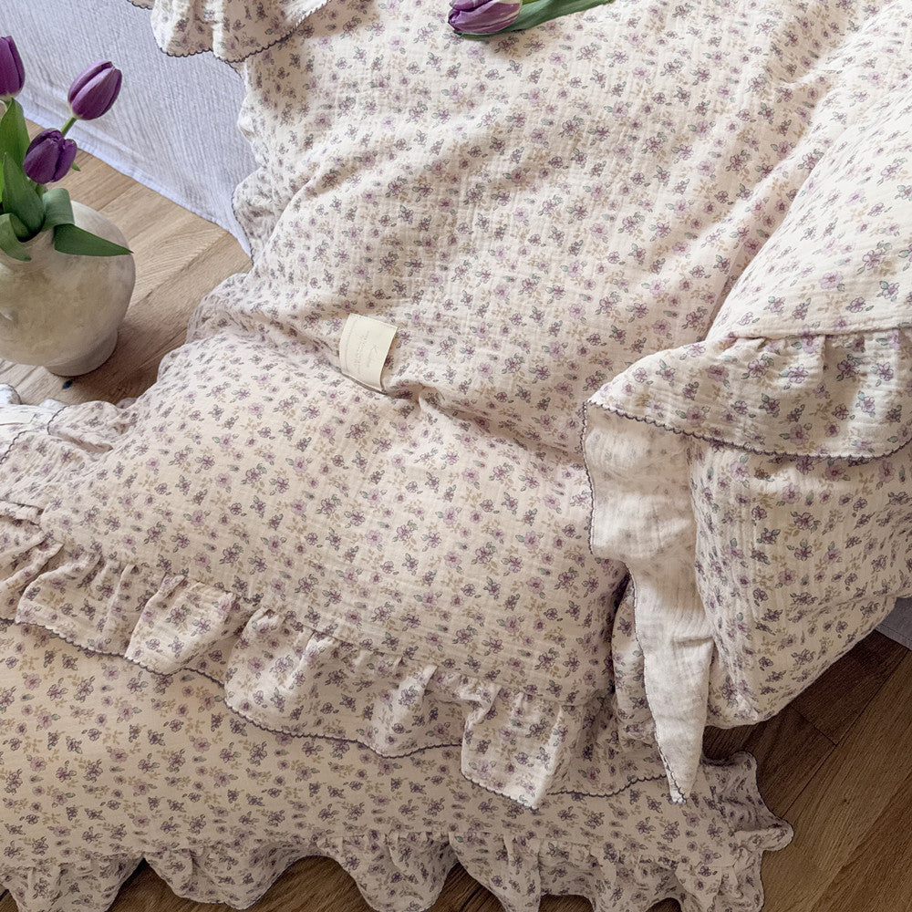Purple Floral Duvet Cover Set – Cotton Muslin with Ruffles