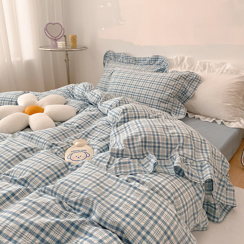 Plaid Ruffle Bedding Set Blue