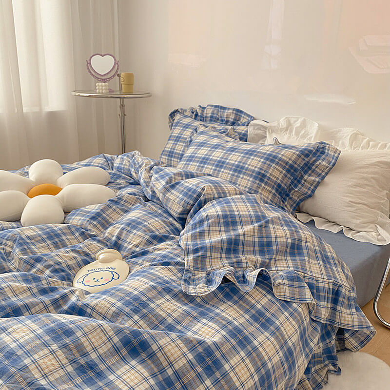 Plaid Ruffle Bedding Set Navy Blue