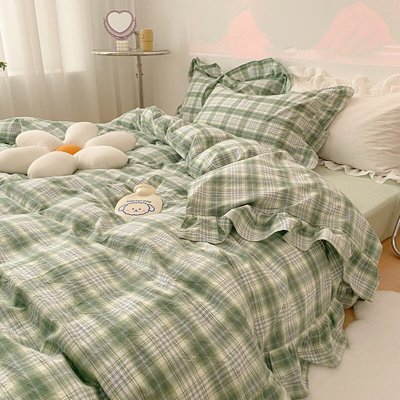 Plaid Ruffle Bedding Set Green