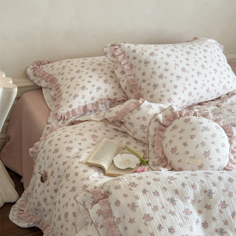 Queen Floral Bedding Set – Ruffled Cotton Muslin, Pink Flower