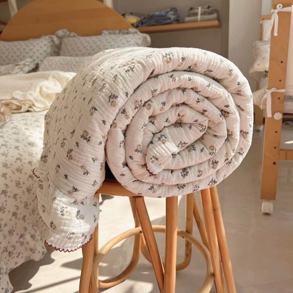 Vintage Rose Muslin Quilt – Ruffle Edge Cotton Bedding