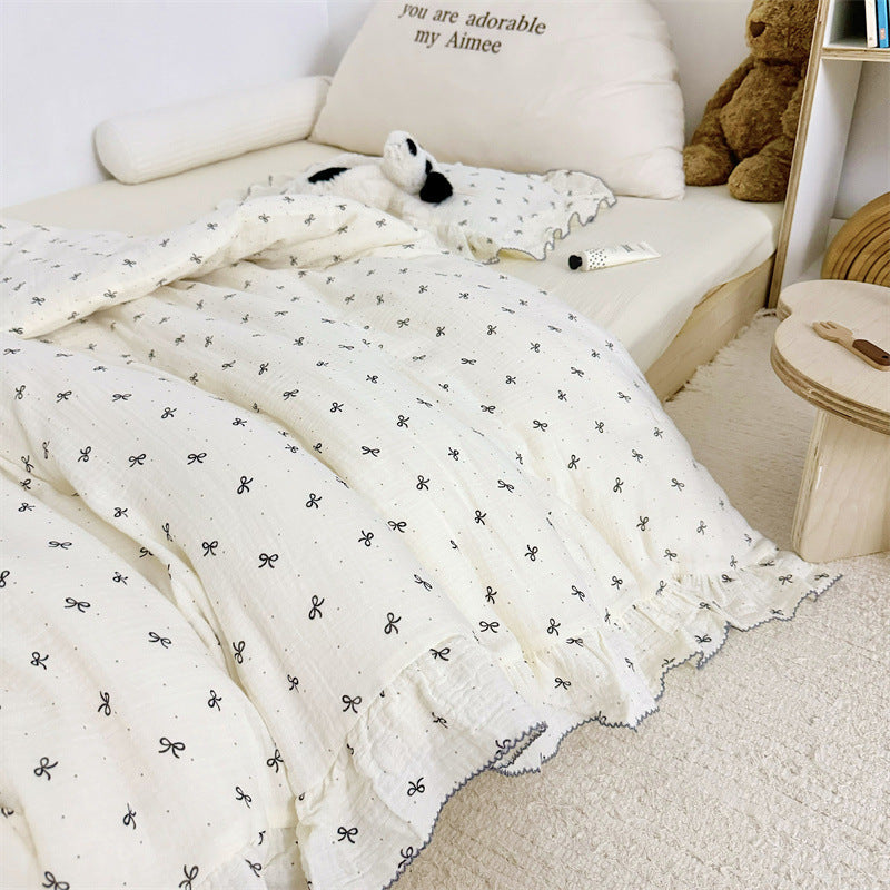 Cotton Gauze Duvet Cover Set – Black Bow with Soft Ruffles